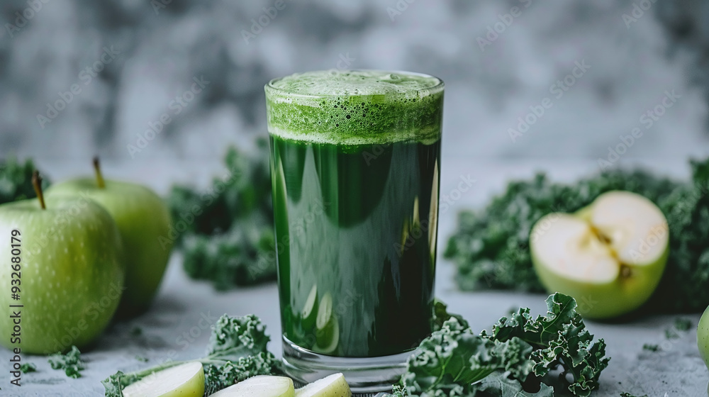 A tall glass of vibrant green juice, surrounded by kale leaves and apple slices A tall glass of vibrant green juice, surrounded by kale leaves and apple slices