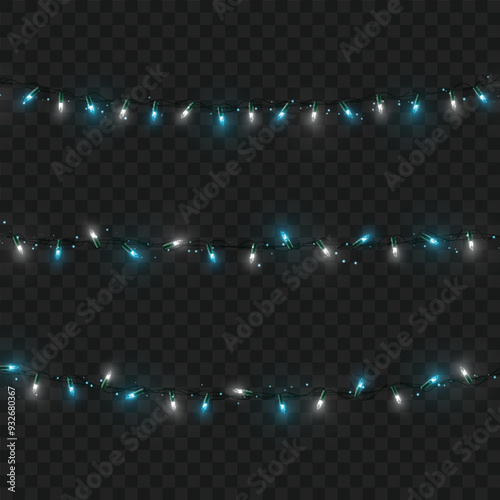 Colorful string lights on dark background, creating a festive atmosphere. Vector