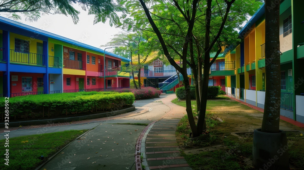 Schoolyard with brightly colored school buildings, a small garden, and walkways surrounded by green trees
