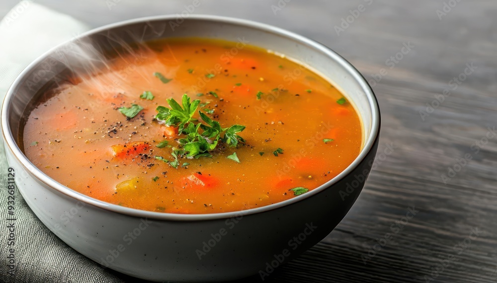 Organic vegetable soup, steaming hot in a bowl, 3D illustration Organic vegetable soup, steaming hot in a bowl, 3D illustration