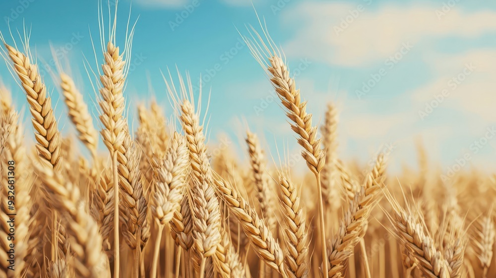 Organic wheat field, golden ears swaying in wind, 3D illustration Organic wheat field, golden ears swaying in wind, 3D illustration