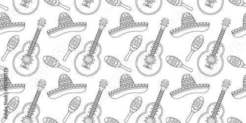 Maracas, guitar and sombrero hats line seamless pattern on white background. Mexican seamless pattern.