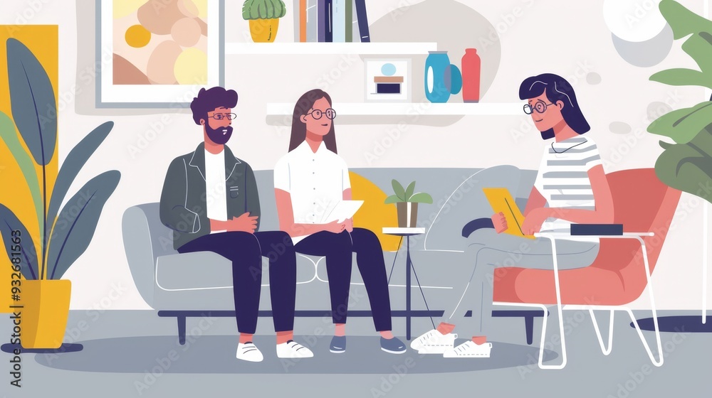 Three People Sitting in a Room Discussing a Project. Three People Sitting in a Room Discussing a Project.
