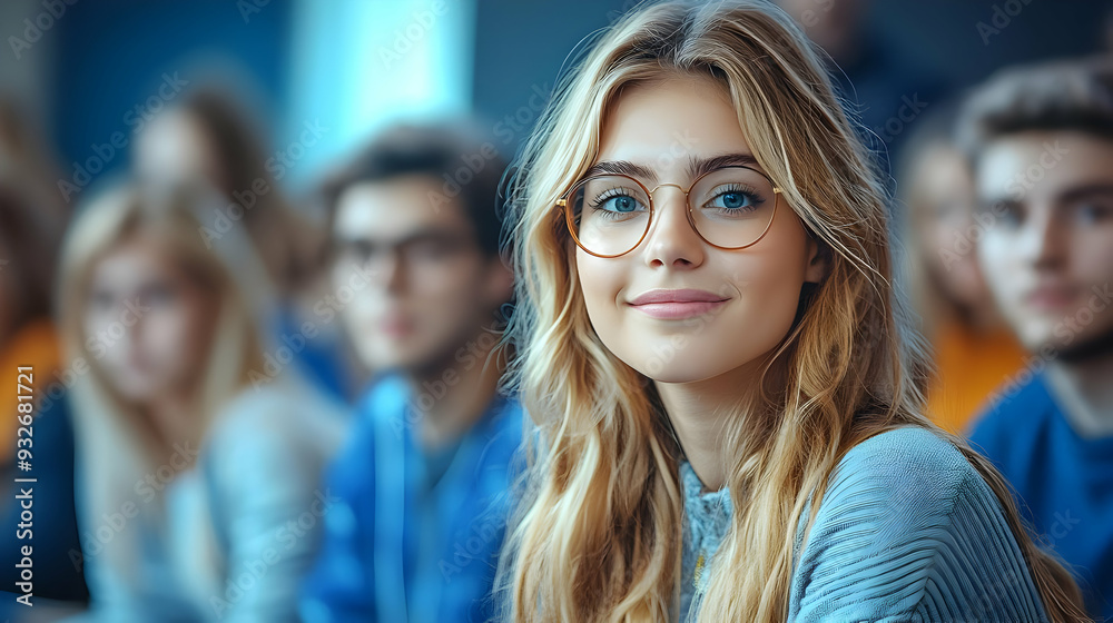 A young woman smiling in a classroom setting with peers. A young woman smiling in a classroom setting with peers.
