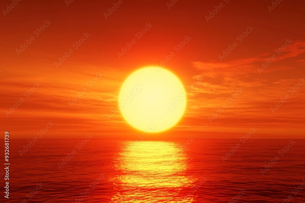 3D Rendering of a Red Sunset Over the Sea with Orange Sky and Reflections, Evoking Tranquility and Serenity 3D Rendering of a Red Sunset Over the Sea with Orange Sky and Reflections, Evoking Tranquility and Serenity