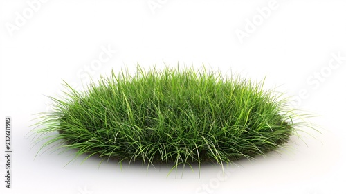 3. Circular grass patch with soil base, vibrant green short grass blades, round shape, isolated on a white background, minimalist setup, studio lighting, high contrast, 3D rendered, photorealistic,