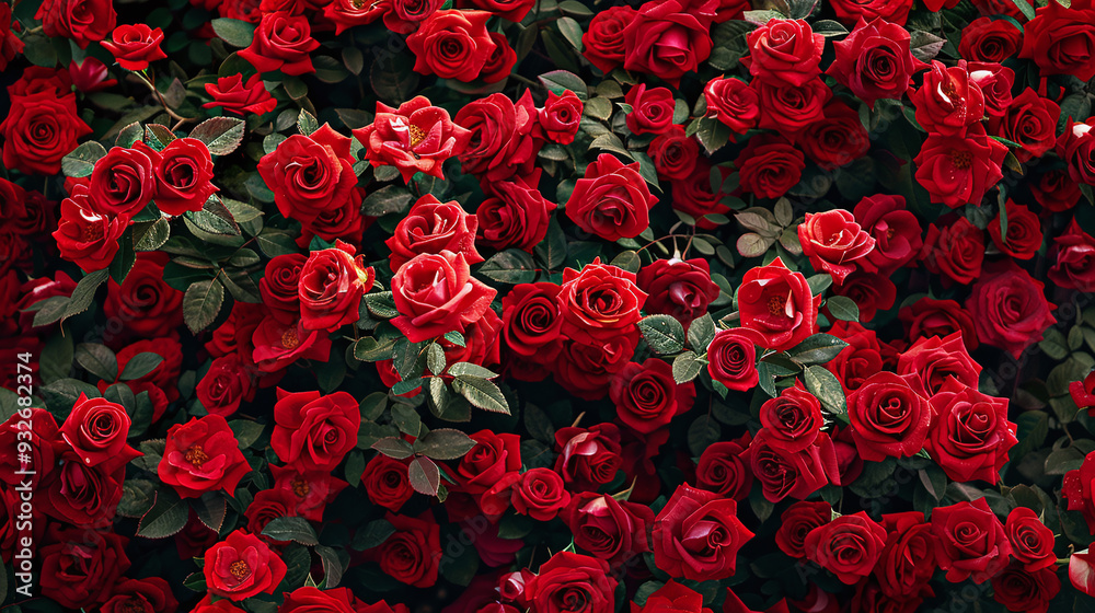 A wall of red roses in full bloom A wall of red roses in full bloom
