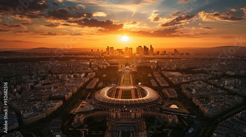 Vue de la Vasque Olympique des JO d'Été de Paris 2024, Haut dans le Ciel au Coucher du Soleil – Août 2024 (France)