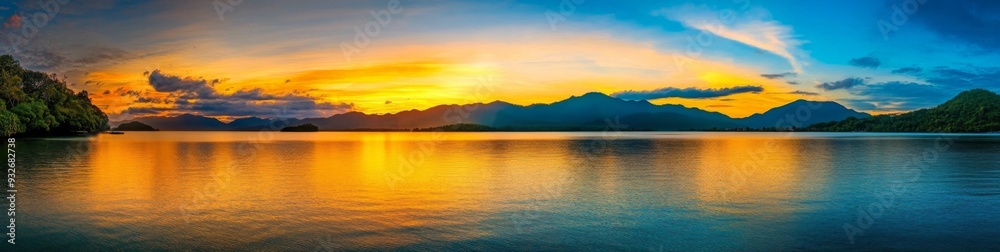 Panoramic Sunrise Over Island with Mountains in Thailand Reflecting Vibrant Colors on Calm Waters, Peaceful Natural Beauty Scene Panoramic Sunrise Over Island with Mountains in Thailand Reflecting Vibrant Colors on Calm Waters, Peaceful Natural Beauty Scene
