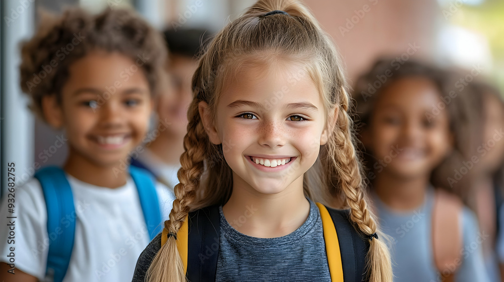Children smiling with backpacks, ready for school. Children smiling with backpacks, ready for school.