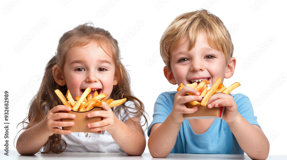 Kids enjoying a delicious snack french fries over a white background. Kids enjoying a delicious snack french fries over a white background.
