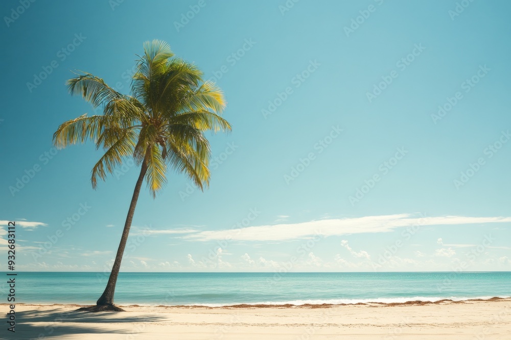 Serene Beach with Palm Tree, Clear Blue Sky, and Calm Ocean Waves, Capturing the Essence of Tranquil Summer Relaxation Serene Beach with Palm Tree, Clear Blue Sky, and Calm Ocean Waves, Capturing the Essence of Tranquil Summer Relaxation
