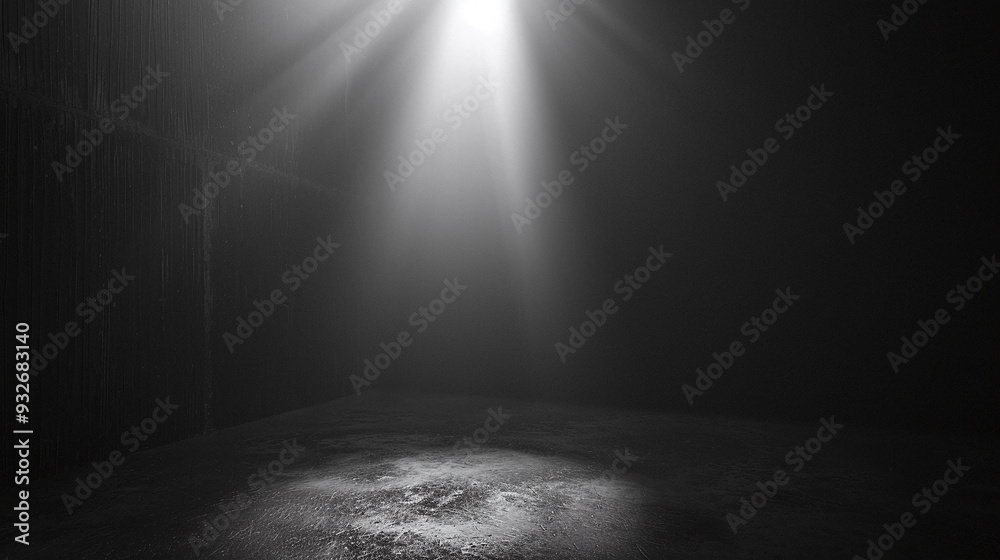 The image shows a beam of light shining through a hole in the ceiling of a dark room, illuminating the floor below. The image shows a beam of light shining through a hole in the ceiling of a dark room, illuminating the floor below.