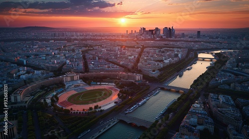 Vue Spectaculaire de la Vasque Olympique des JO d'Été de Paris 2024 au Coucher du Soleil en Août 2024 (France)