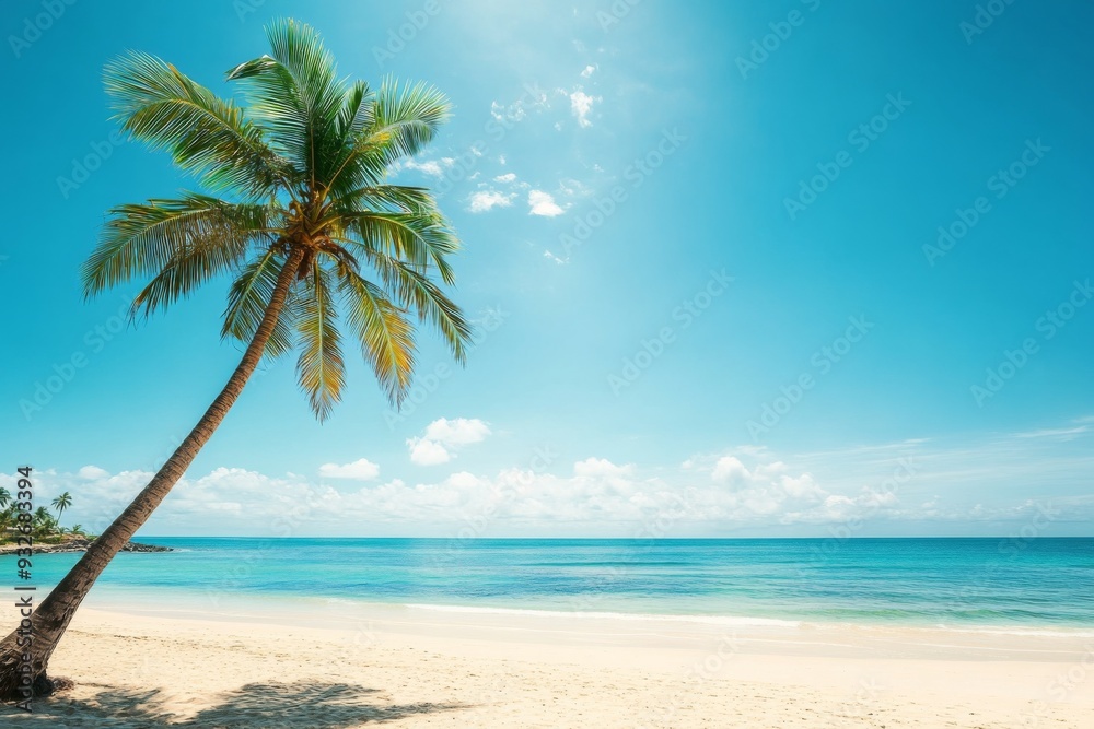 Serene Beach with Palm Tree, Clear Blue Sky, and Calm Ocean Waves, Capturing the Essence of Tranquil Summer Relaxation Serene Beach with Palm Tree, Clear Blue Sky, and Calm Ocean Waves, Capturing the Essence of Tranquil Summer Relaxation
