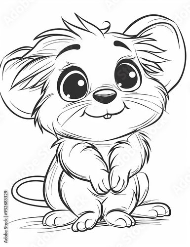  Imagine 22hColoring page for kids, a cute baby mouse with big eyes smiling, in a cartoon style with thick lines and low details, no shading.