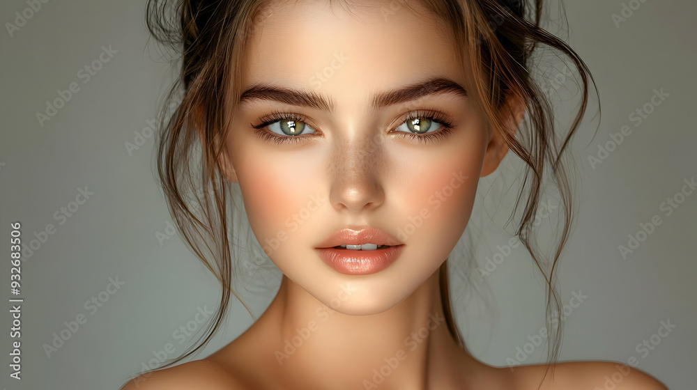 Close-up portrait of a young woman with natural makeup and soft lighting. Close-up portrait of a young woman with natural makeup and soft lighting.