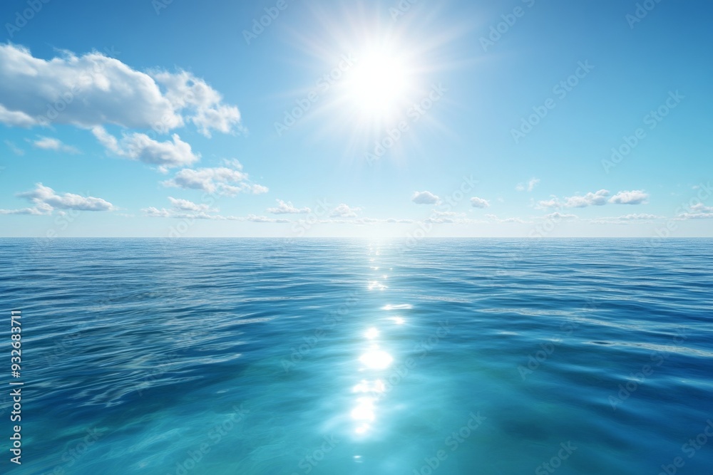 Obraz premium Serene Ocean with Clear Blue Waters and Bright Sunlight, Reflecting Light on the Horizon with Scattered White Clouds