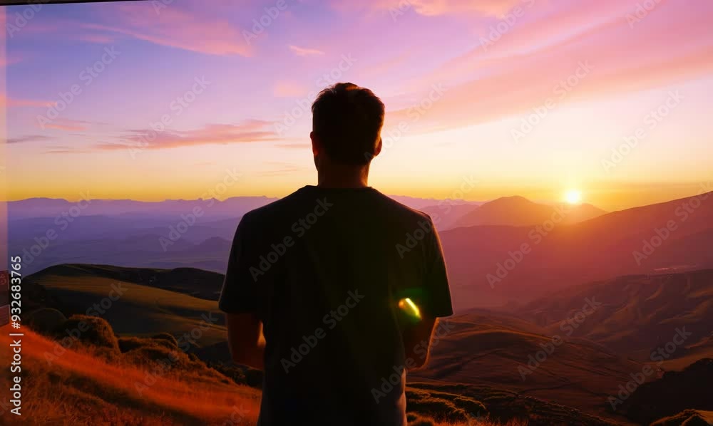 New Zealander Man Enjoying Sunset View from Panoramic Windows New Zealander Man Enjoying Sunset View from Panoramic Windows