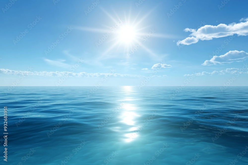 Fototapeta premium Serene Ocean with Clear Blue Waters and Bright Sunlight, Reflecting Light on the Horizon with Scattered White Clouds