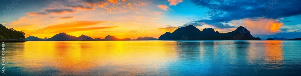 Obraz premium Panoramic Sunrise Over Island with Mountains in Thailand Reflecting Vibrant Colors on Calm Waters, Peaceful Natural Beauty Scene