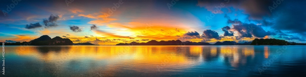 Panoramic Sunrise Over Island with Mountains in Thailand Reflecting Vibrant Colors on Calm Waters, Peaceful Natural Beauty Scene Panoramic Sunrise Over Island with Mountains in Thailand Reflecting Vibrant Colors on Calm Waters, Peaceful Natural Beauty Scene