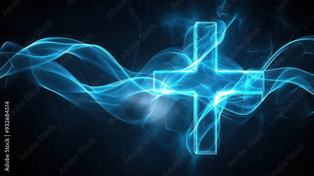 Obraz premium Abstract blue wave patterns forming a medical cross, healthcare and wellness