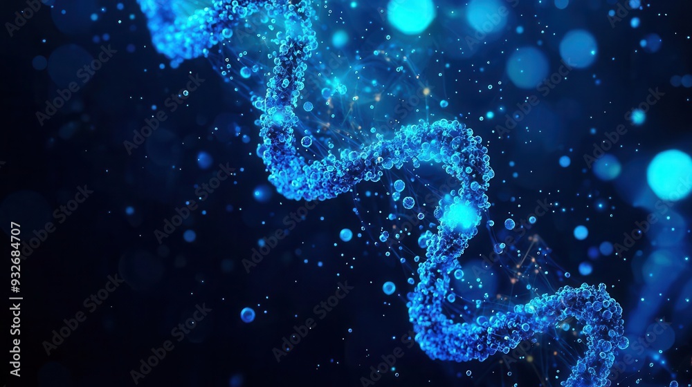 Blue abstract DNA strand merging with light waves, biotechnology and research Blue abstract DNA strand merging with light waves, biotechnology and research
