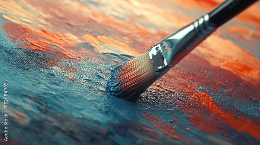 Fototapeta premium An artist brush hovering above a canvas, frozen in the moment before creation begins.