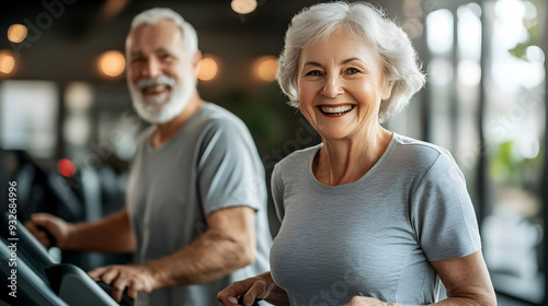 Elderly couple exercising t...