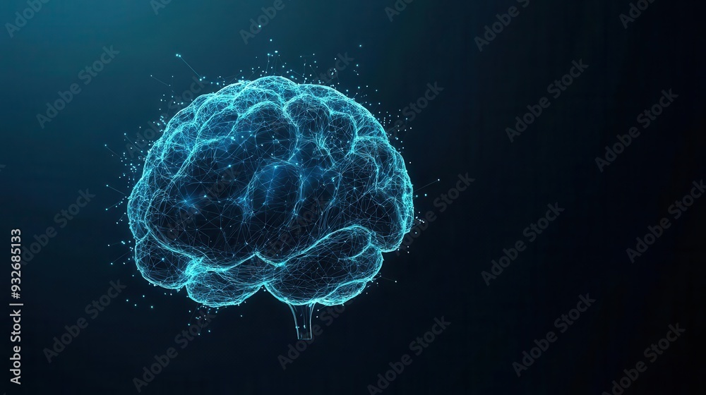 Fototapeta premium Simple blue abstract brain outline with data points, neuroscience and AI concept