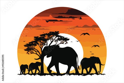 Elephant on Sunset Vector Illustration, Elephant on Sunset Vector T-Shirt Design