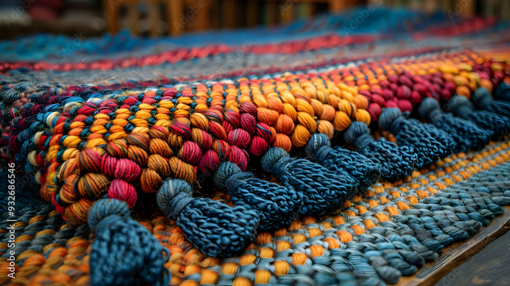 Colorful Woven Rug with Blue Tassels - Close Up Colorful Woven Rug with Blue Tassels - Close Up