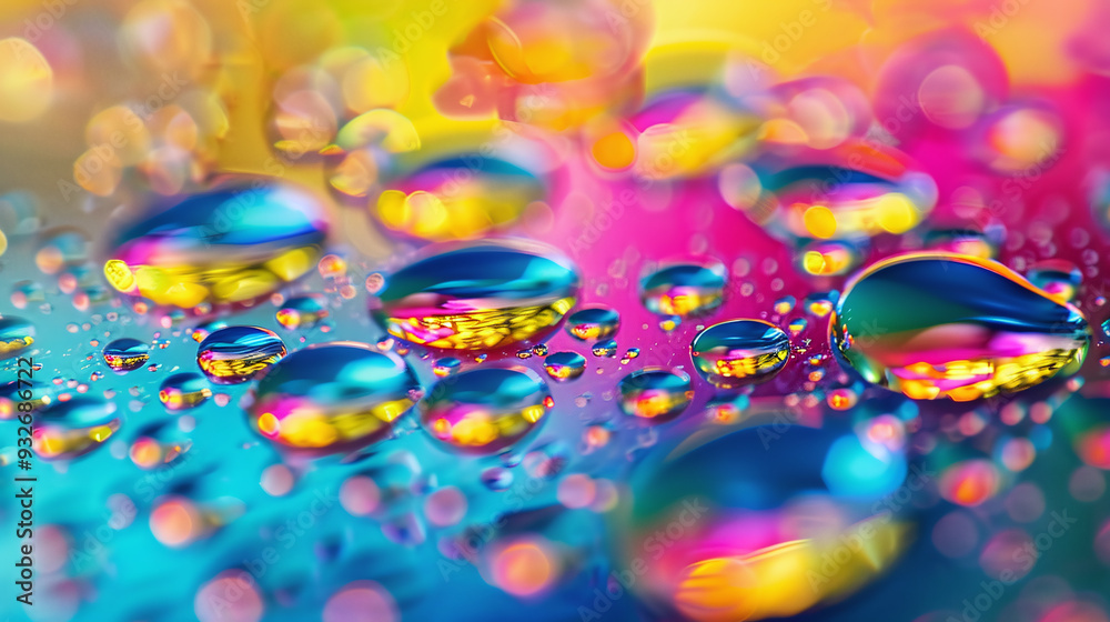 Vibrant Spectrum: Close-up of Colorful Water Droplets on Surface Vibrant Spectrum: Close-up of Colorful Water Droplets on Surface
