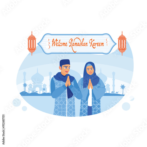 Muslim couple standing in front of mosque silhouette. Welcoming the holy month of Ramadan with happiness. Ramadan Kareem concept. Flat vector illustration.