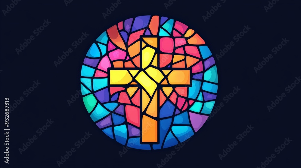 Vector logo of a circle, stained glass with a cross in the center, bright colors, modern, simple.