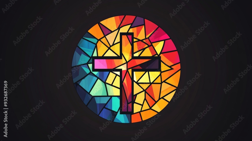 custom made wallpaper toronto digitalVector logo of a circle, stained glass with a cross in the center, bright colors, modern, simple.