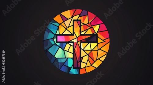 Vector logo of a circle, stained glass with a cross in the center, bright colors, modern, simple.