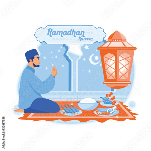 Muslim man sitting on a carpet with food in front of him. Pray before breaking the fast. Ramadan Kareem concept. Flat vector illustration.