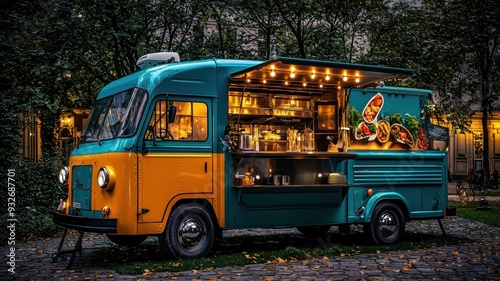 A vibrant food truck illuminated at night, showcasing a colorful exterior and lively atmosphere, perfect for food lovers and events.