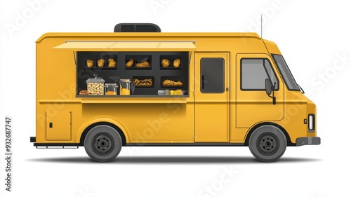 A vibrant yellow food truck featuring a variety of delicious snacks and treats, perfect for any outdoor event or street fair.
