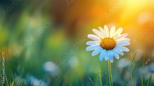 Single Daisy Flower in Grassy Field with Golden Sunset Background