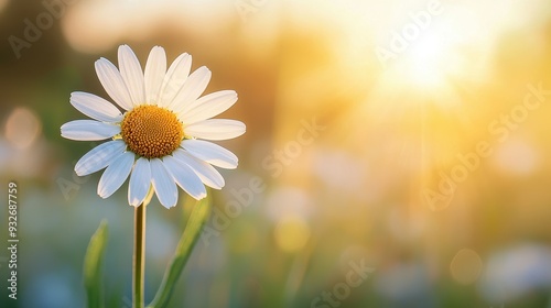 Single Daisy Flower in Field with Golden Sunset Background