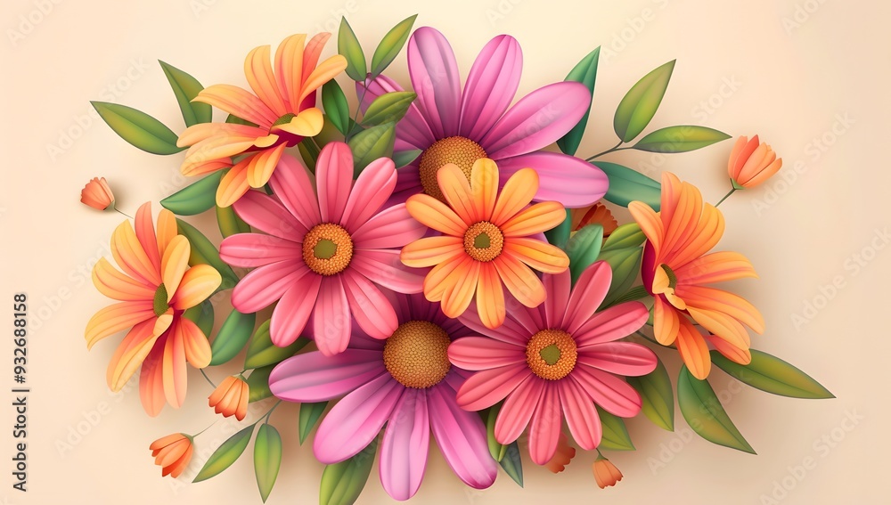 Obraz premium 3d cartoon colorful daisy flower branch with leaves on beige background vector illustration , high resolution, professional photograph, The ultrahighresolution 