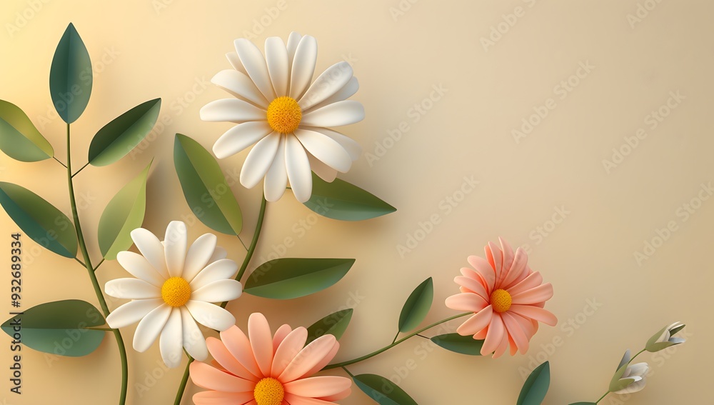 Fototapeta premium 3d cartoon colorful daisy flower branch with leaves on beige background vector illustration , high resolution, professional photograph, The ultrahighresolution 