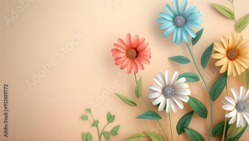 3d cartoon colorful daisy flower branch with leaves on beige background vector illustration , high resolution, professional photograph, The ultrahighresolution  photo