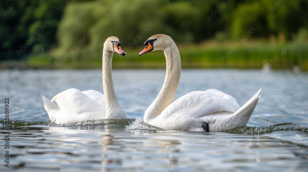 Obraz premium An elegant pair of swans captured in a moment of stillness on a calm lake, with gentle waves and natural surroundings highlighting their grace.