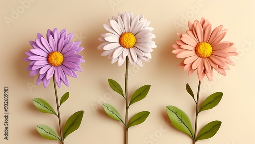 3d cartoon colorful daisy flower branch with leaves on beige background vector illustration , high resolution, professional photograph, The ultrahighresolution  photo