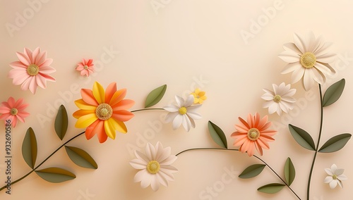 3d cartoon colorful daisy flower branch with leaves on beige background vector illustration , high resolution, professional photograph, The ultrahighresolution  photo