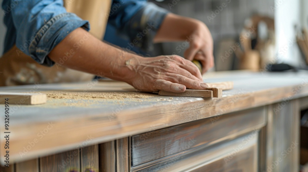 Close-up of a carpenter's hand sanding a piece of wood. Close-up of a carpenter's hand sanding a piece of wood.